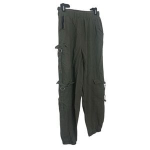 Ci Sono Linen Pull On Elastic Waist Olive Green Cargo Jogger Pants Size Small